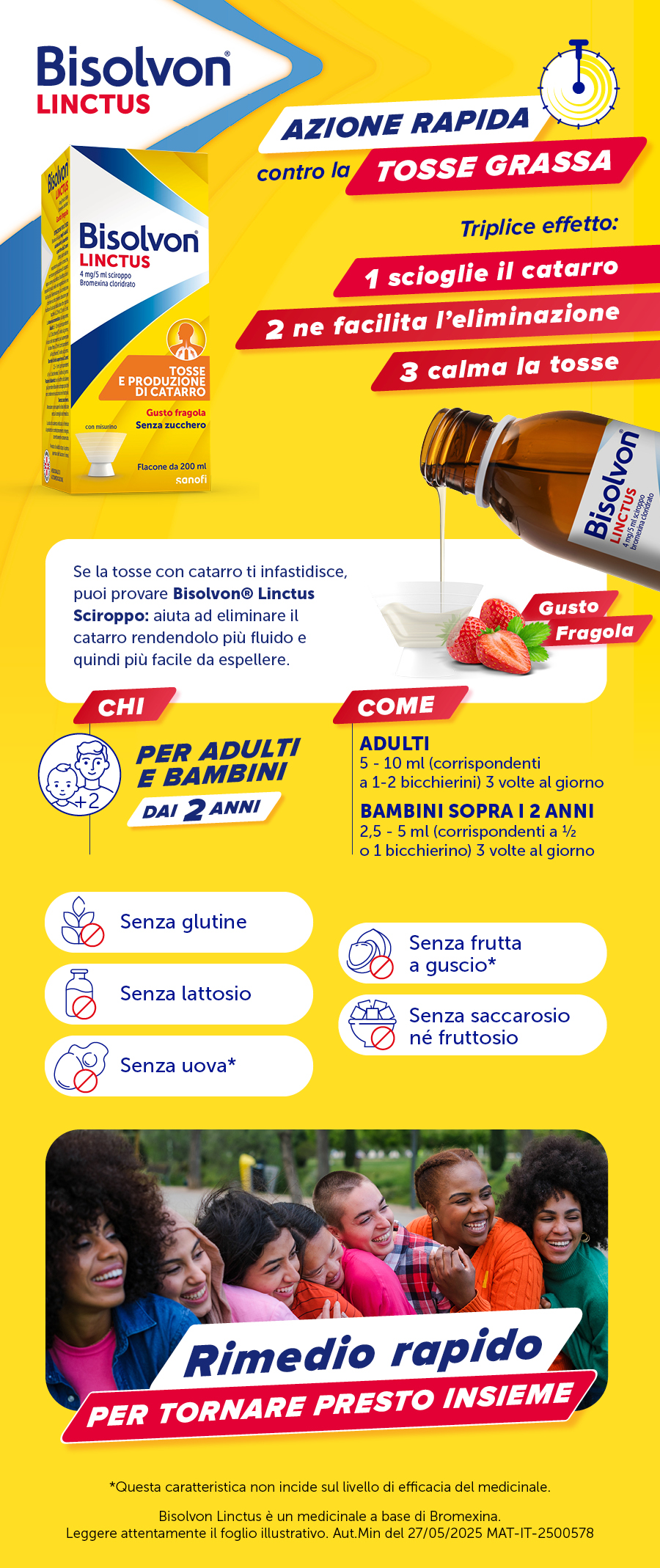 Bisolvon Linctus, dettagli confezione. Azione rapida contro la tosse. Dosaggio. Per adulti e bambini.