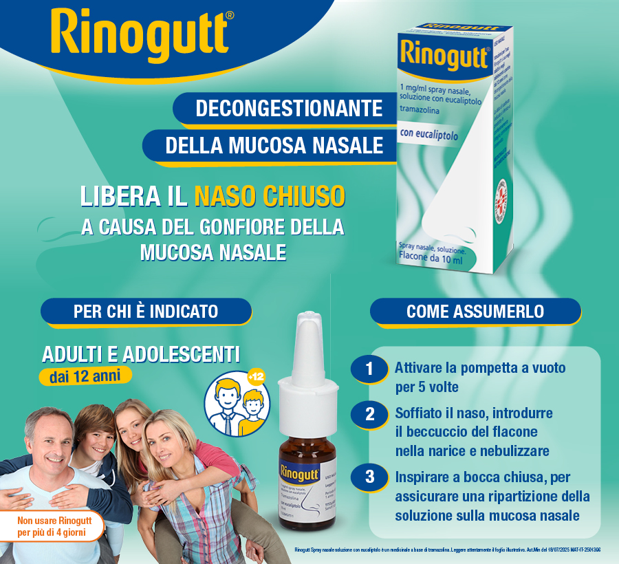 Pubblicità Rinogutt. Testo: Decongestionante della mucosa nasale. Per adulti e adolescenti dai 12 anni.