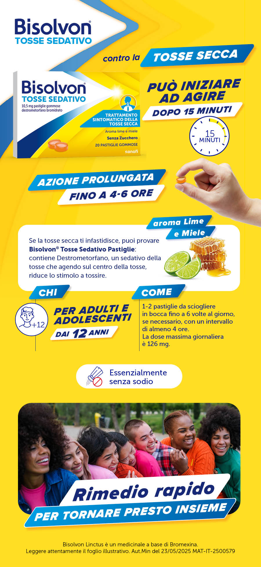 Bisolvon Tosse Sedativo. Immagine del prodotto su sfondo giallo. Contro la tosse secca.