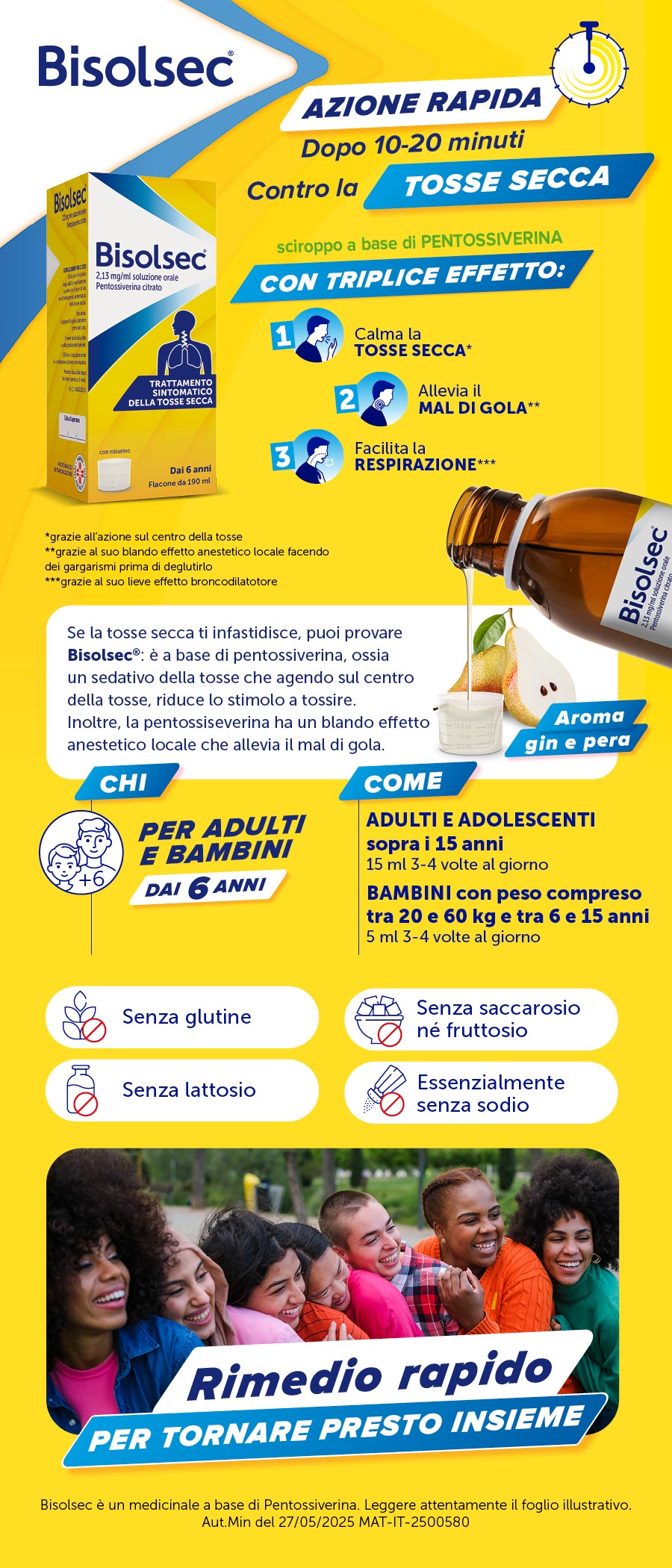 Grafica gialla. Scatola e flacone Bisolsec. Testo: Azione rapida contro la tosse secca. Dosaggio e ingredienti.
