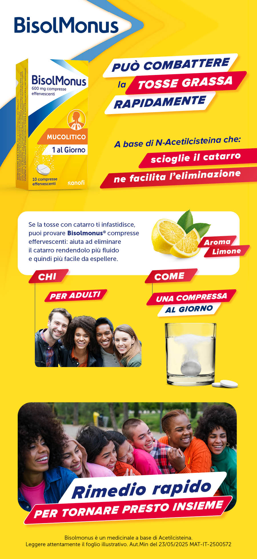 Confezione BisolMonus. Giallo, bianco e blu. Contiene 10 compresse effervescenti. Logo Sanofi.