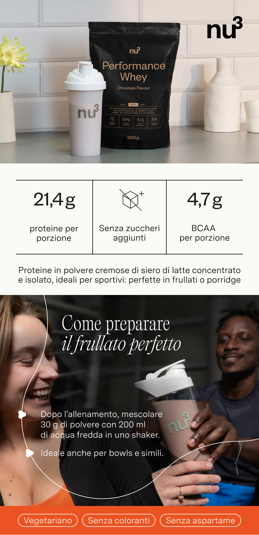 nu3 Performance Whey gusto cioccolato: 21,4g proteine, senza zuccheri aggiunti, 4,7g BCAA per porzione.