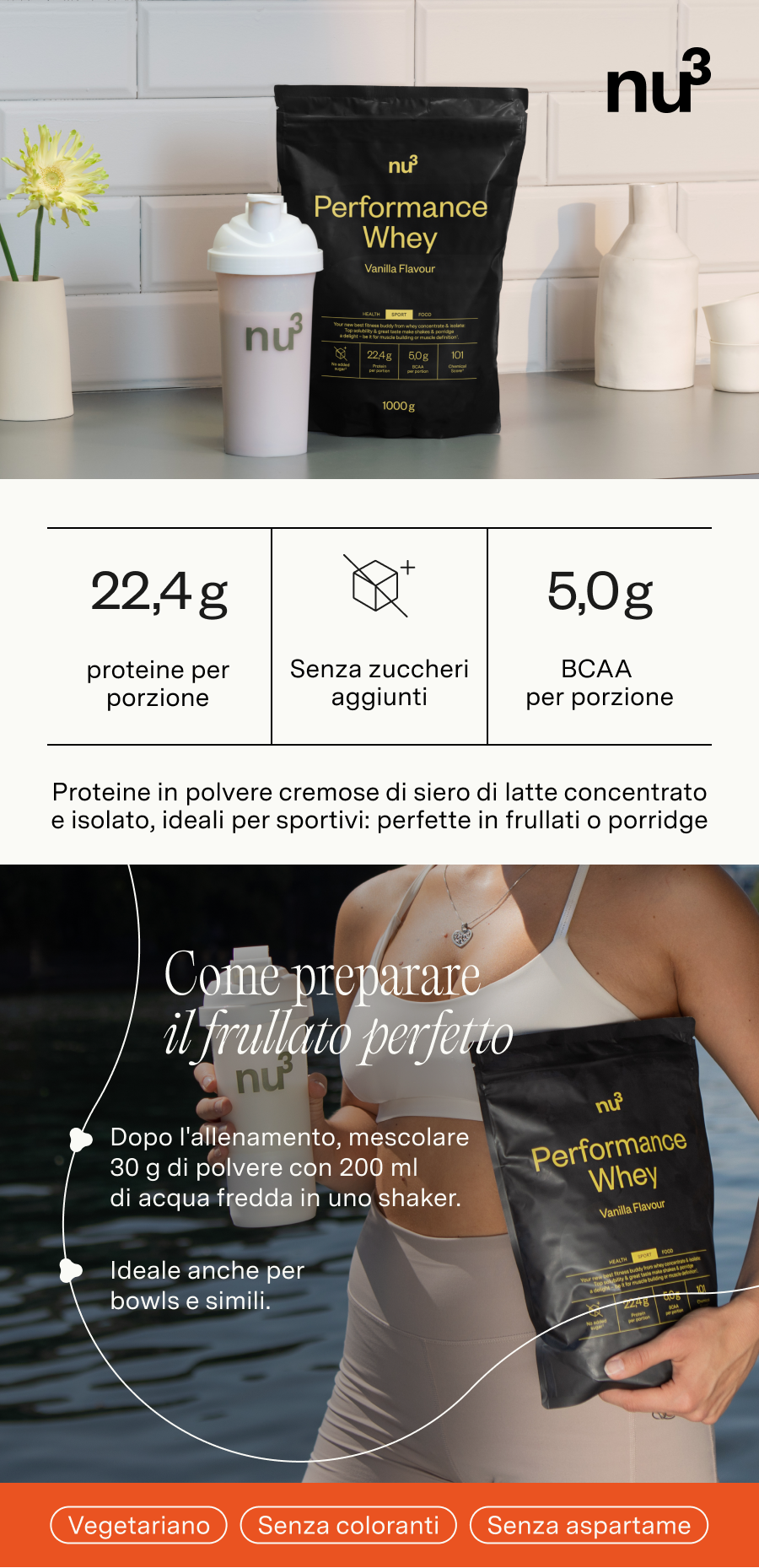 Presentazione prodotto: confezione nu3 Performance Whey, shaker. 22,4g proteine, senza zuccheri, 5,0g BCAA. Testo: Come preparare il frullato perfetto.