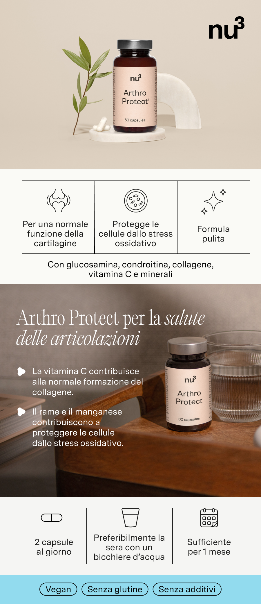 Immagine del prodotto Arthro Protect in capsule in un flacone marrone. Testo: 60 capsule. Ulteriori informazioni in italiano.