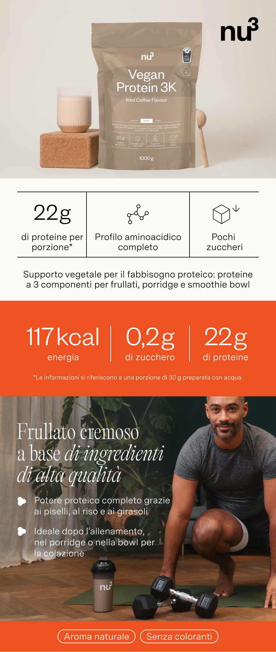 Immagine pubblicitaria con «&nbsp;nu3 Vegan Protein 3K Iced Coffee&nbsp;». Prodotto, frullato, uomo, manubri, informazioni nutrizionali, «&nbsp;Aroma naturale&nbsp;».