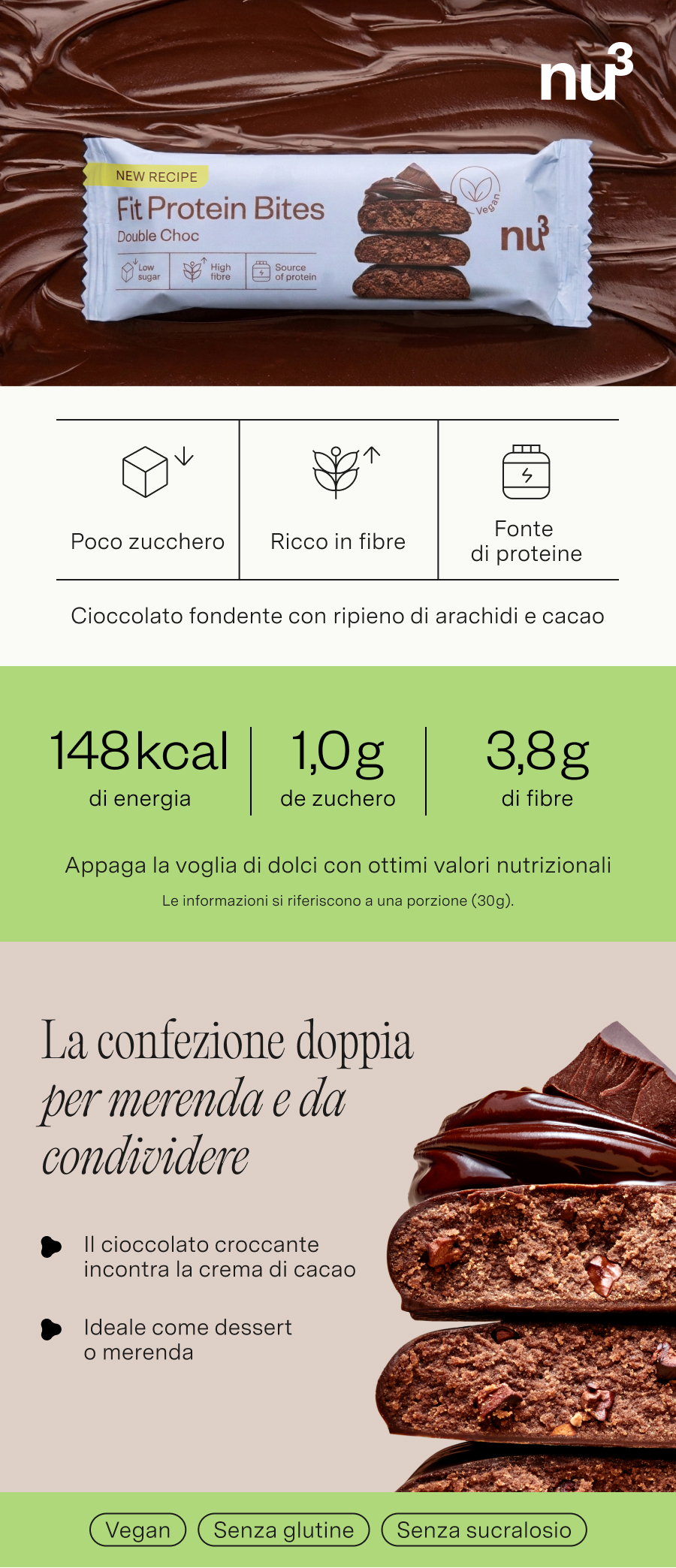 Confezione di Fit Protein Bites Double Choc con testo: New Recipe, Low Sugar, High Fibre, Source of protein, logo Vegan e logo nu3. Informazioni nutrizionali.