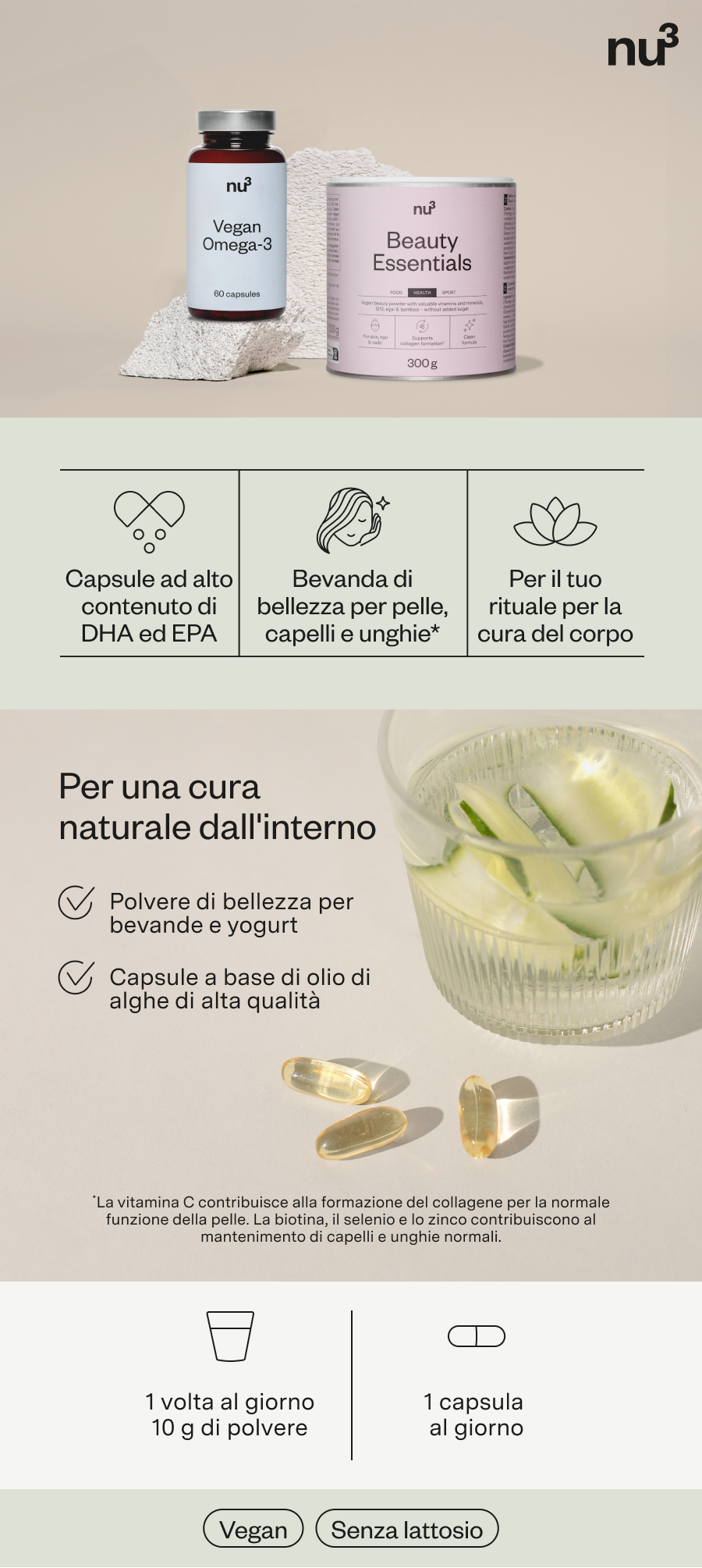 Immagine del prodotto con barattolo Beauty Essentials e capsule Vegan Omega-3. Testo in italiano.
