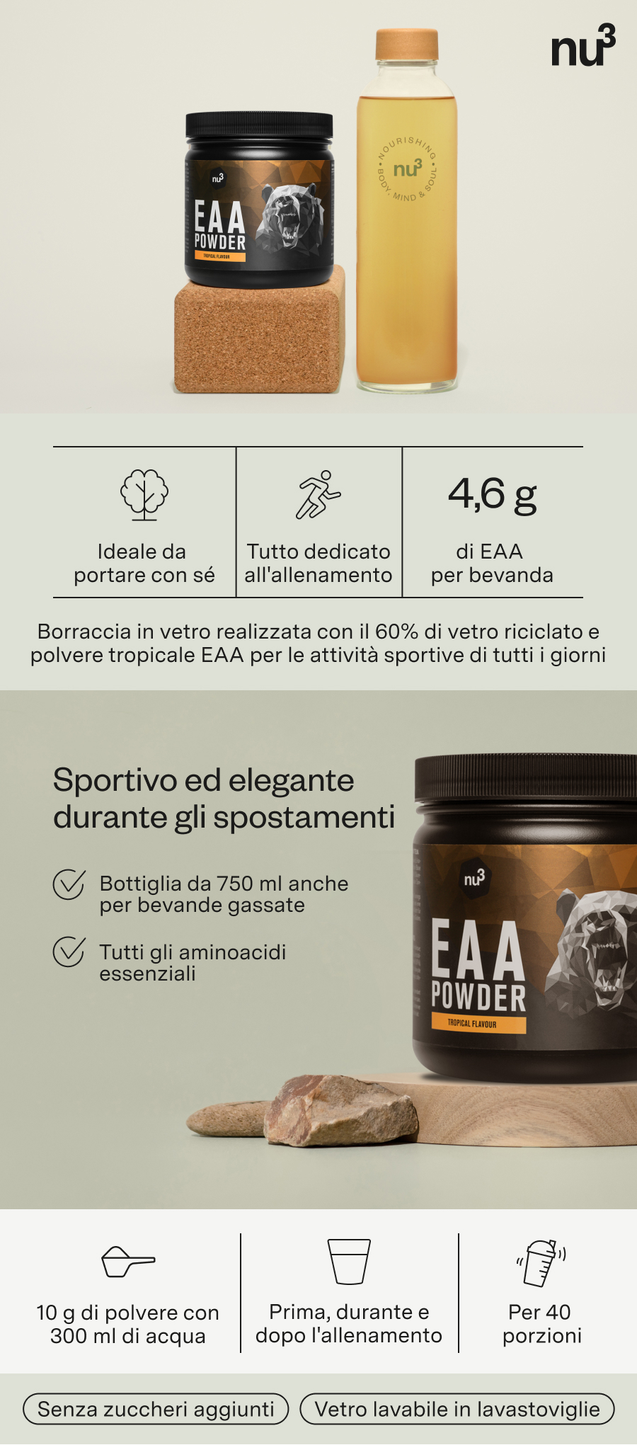 Immagine del prodotto con bottiglia d'acqua e polvere EAA. Testo: Sportivo ed elegante durante gli spostamenti.