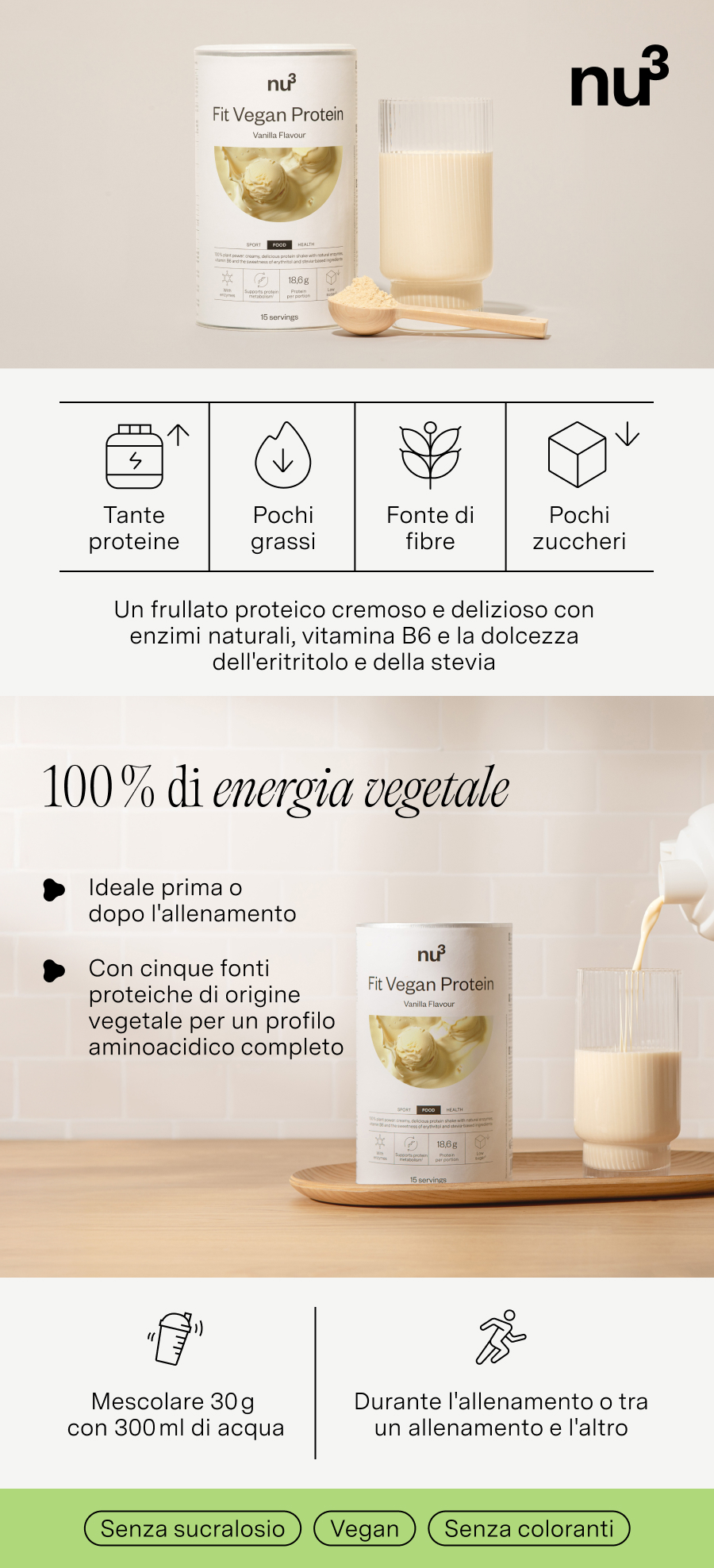 Immagini multiple. nu3 Fit Vegan Protein, gusto vaniglia. Immagine del prodotto, preparazione, ingredienti, valori nutrizionali, vantaggi.