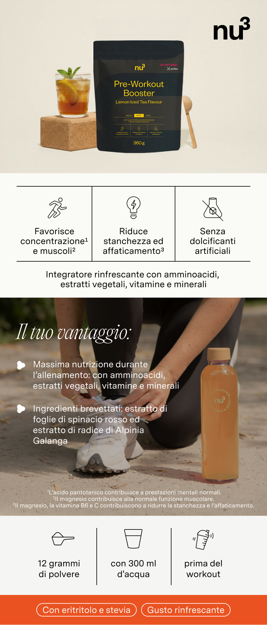 Immagine prodotto con testo e grafici. Contiene confezione Pre-Workout Booster, bevanda e altri elementi.