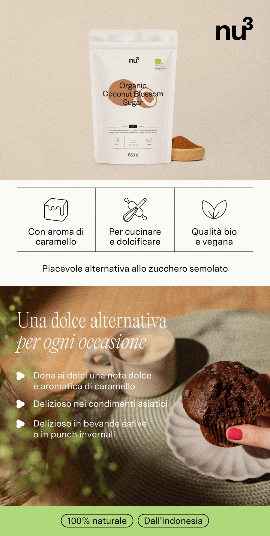 nu3 Organic Coconut Blossom Sugar. Confezione bianca, logo marrone. Testo: Con aroma di caramello, Per cucinare e dolcificare, Qualità bio e vegana.
