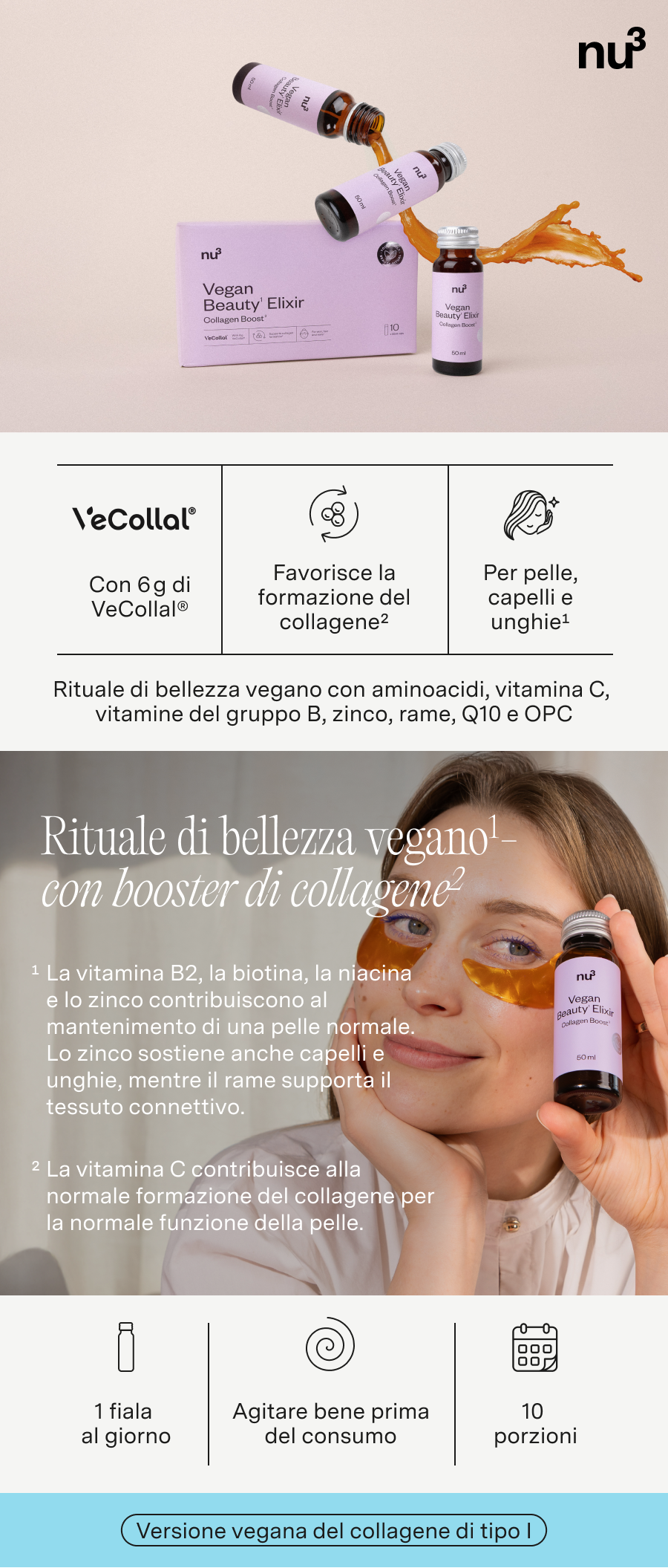 Immagine del prodotto nu3 Vegan Beauty Elixir Collagen Boost. Bottiglia da 50 ml, accanto a una confezione da 10 bottiglie.