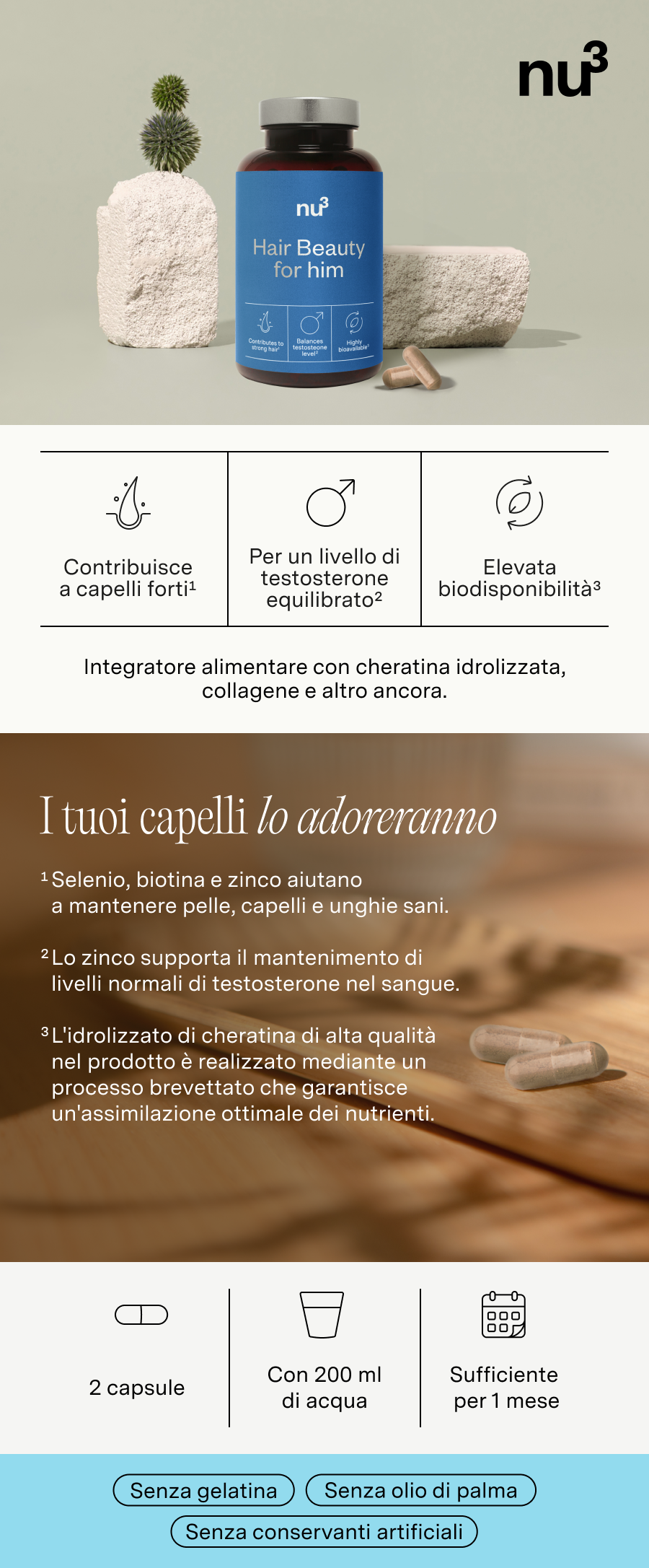 Flacone nu3 Hair Beauty for him. Contiene capsule. Testo: Per un livello di testosterone equilibrato, elevata biodisponibilità. Integratore con cheratina.