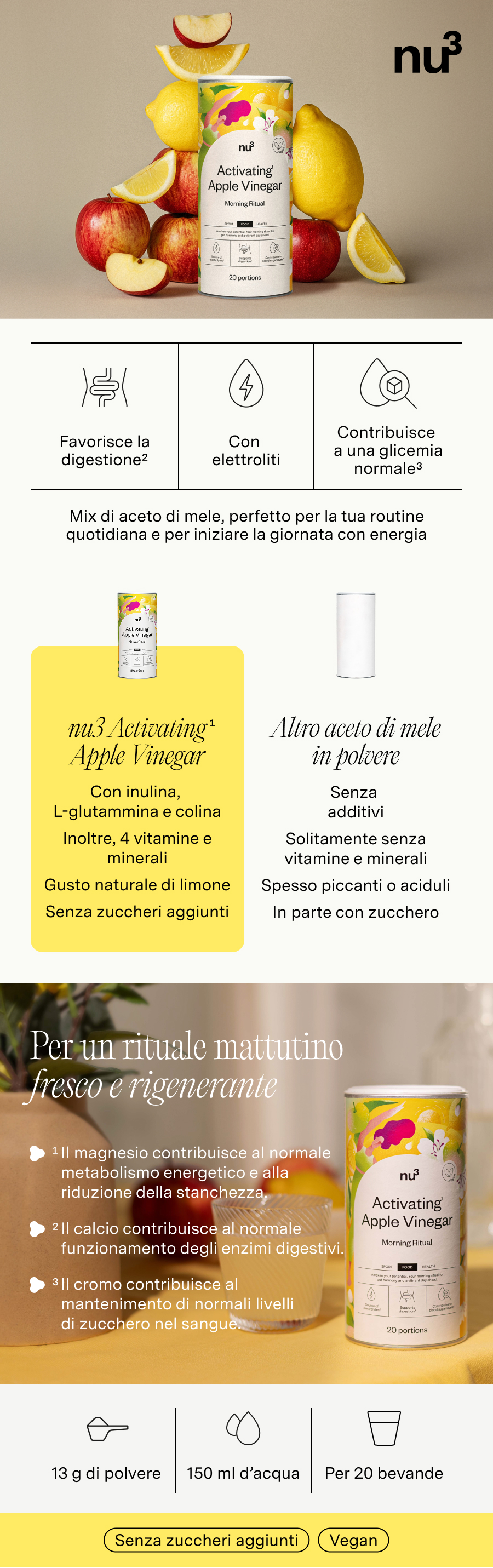 Infografica: nu3 Activating Apple Vinegar. Immagine del prodotto, ingredienti, vantaggi, preparazione.