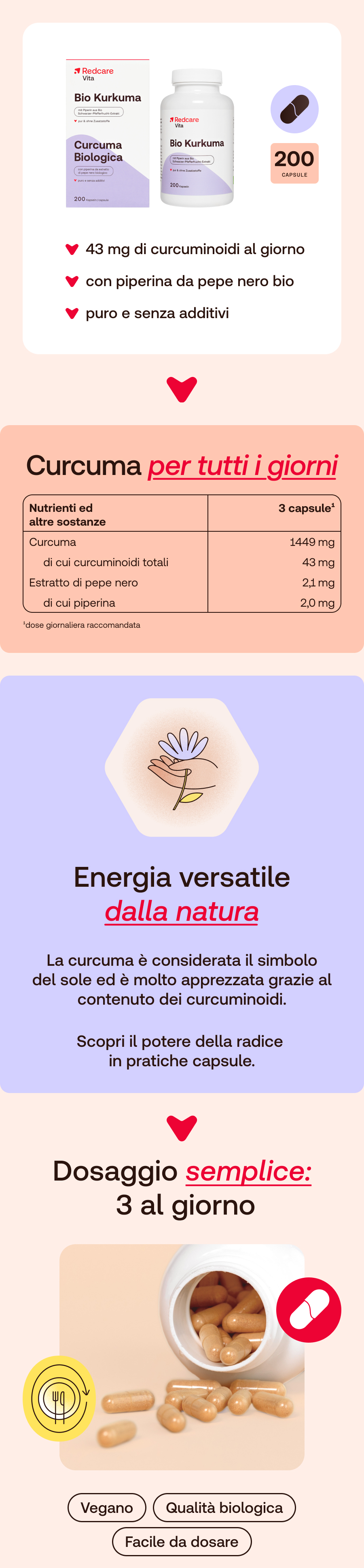 Redcare Bio Curcuma: 200 capsule, curcumina 43mg, con piperina, puro e senza additivi.