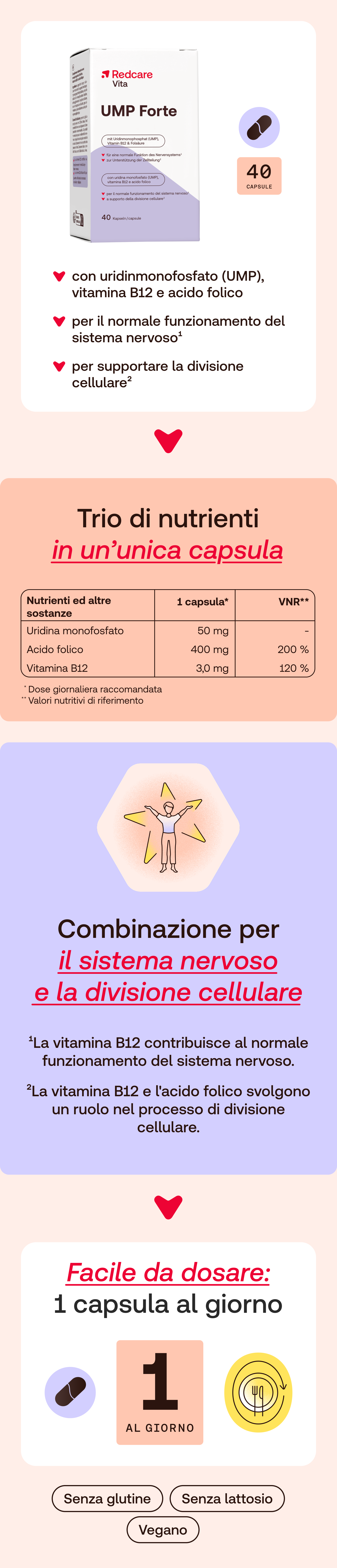Redcare Vita UMP Forte. Scatola con 40 capsule. Contiene UMP, vitamina B12 e acido folico. Per funzione nervosa e divisione cellulare.