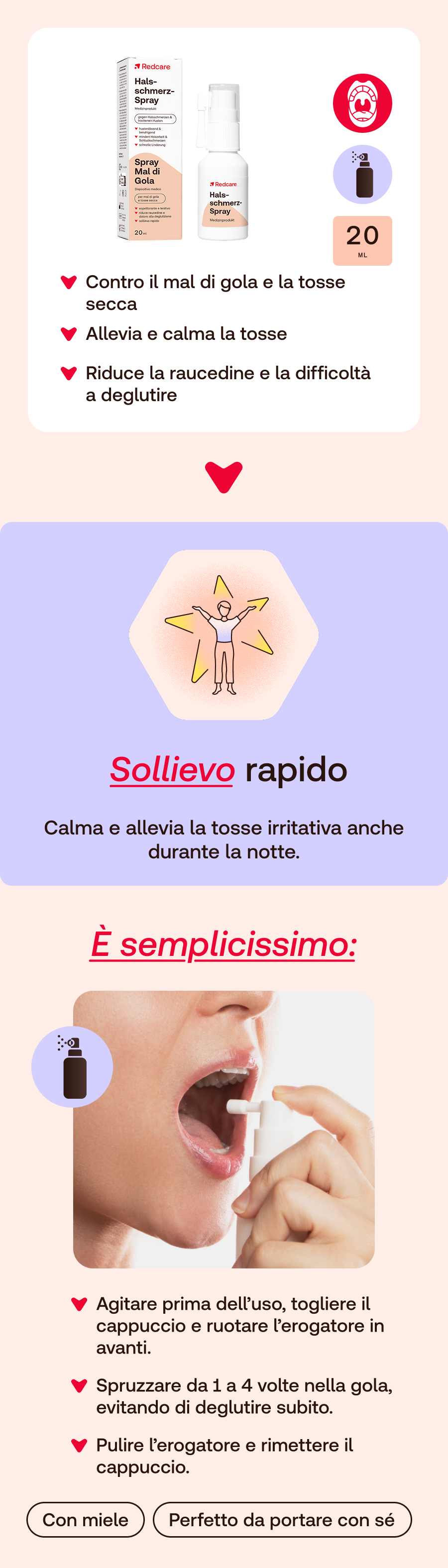 Infografica italiana dello spray Redcare per il mal di gola. Include immagine del prodotto, vantaggi e istruzioni per l'uso.