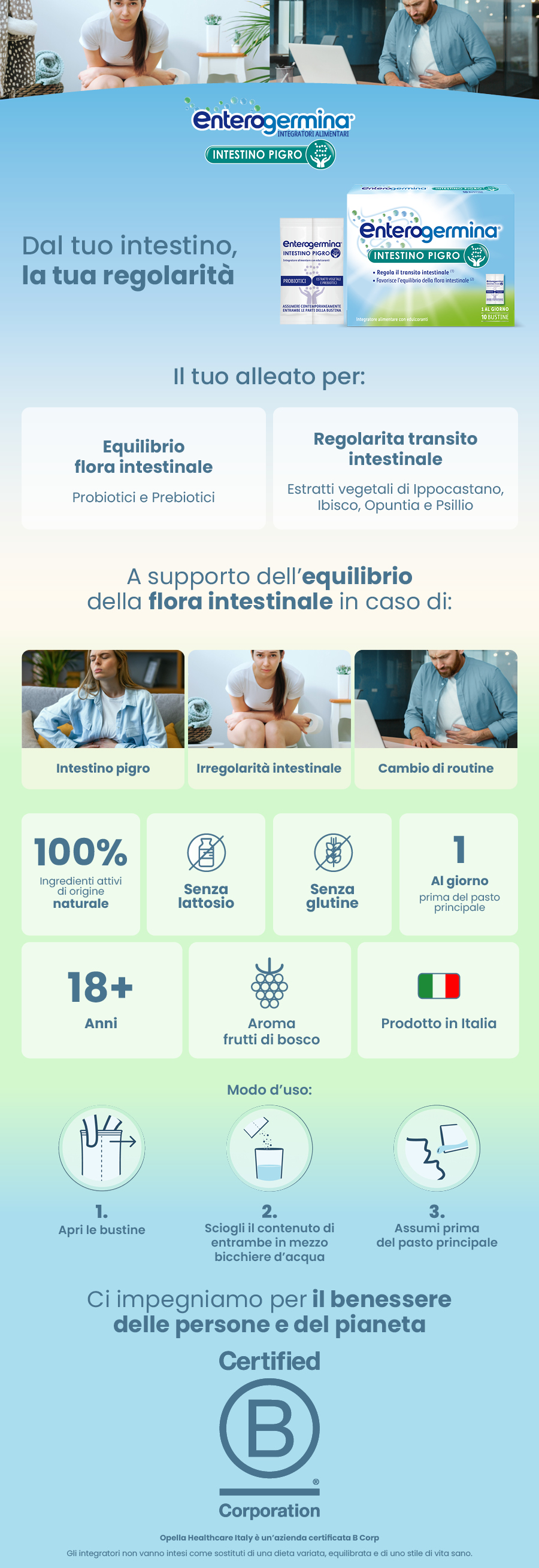 Immagine pubblicitaria. Testo: Enterogermina Intestino Pigro, 100% ingredienti naturali, senza lattosio, senza glutine.