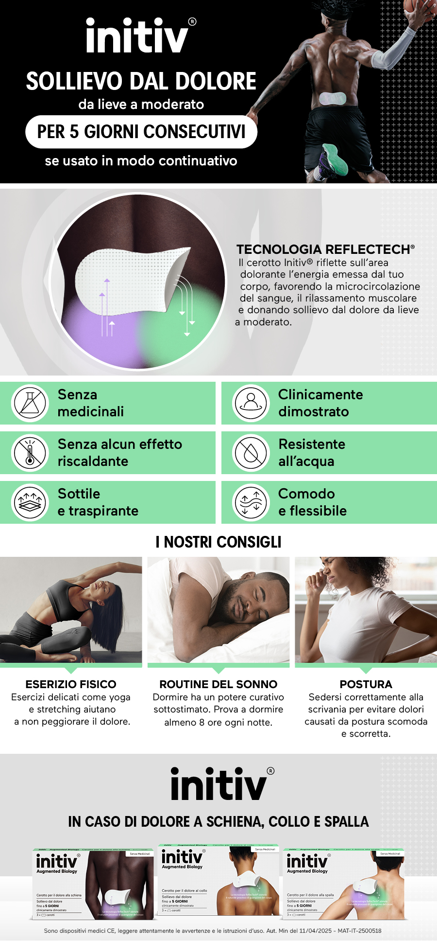 Immagine pubblicitaria con cerotto. Testo: Sollievo dal dolore da lieve a moderato. Senza medicinali. Consigli.
