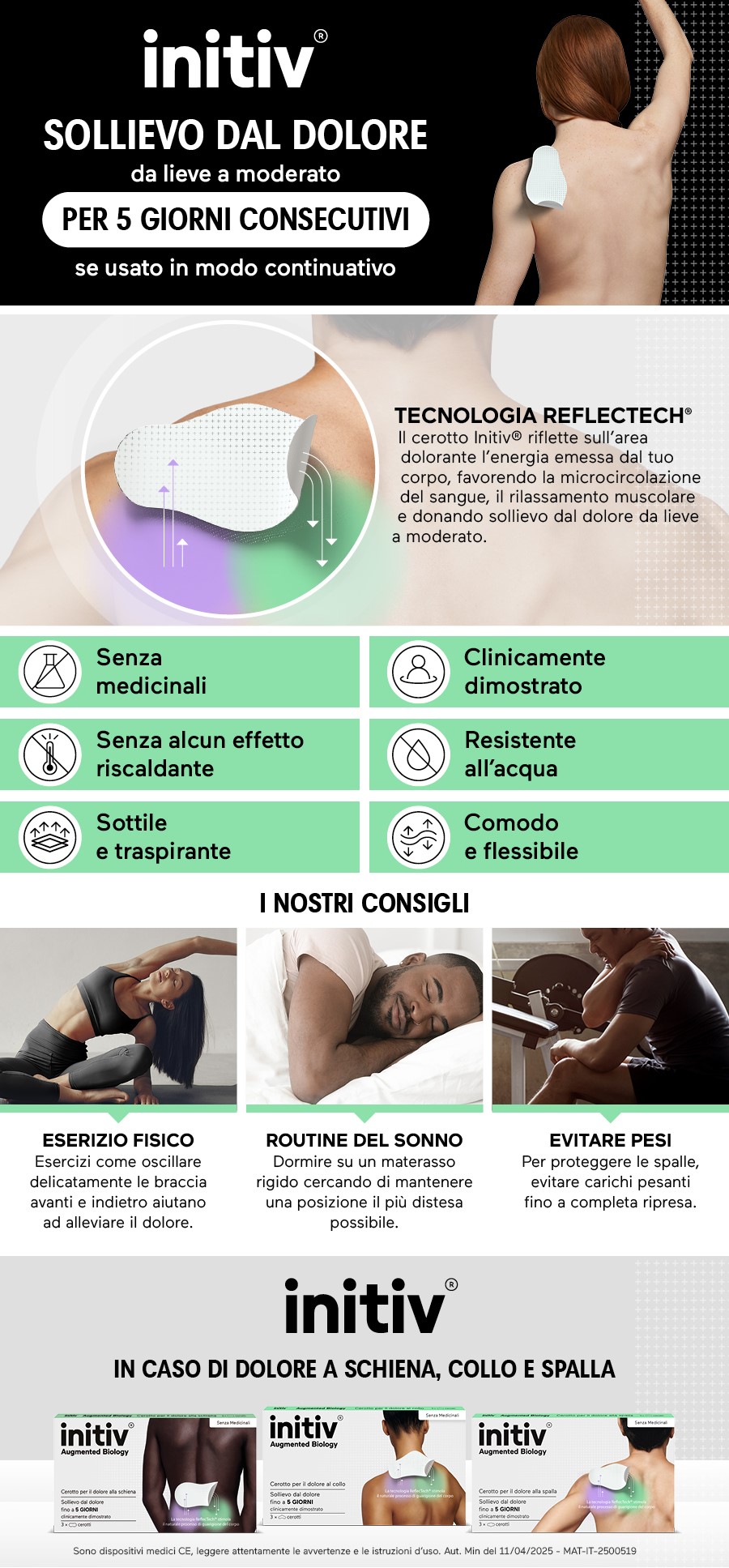 Immagine pubblicitaria con testo e immagine del prodotto. Testo: Sollievo dal dolore. Consigli.