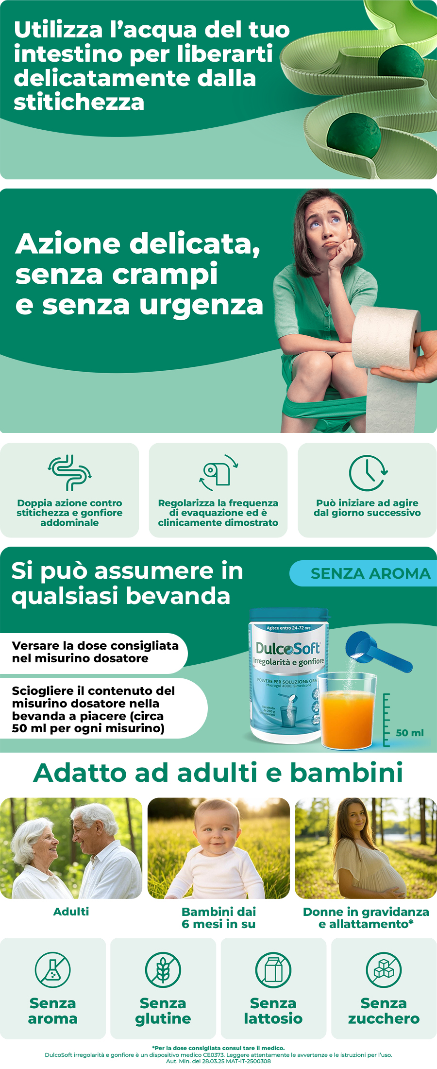 Grafica con diverse scene. Testo: Usa l'acqua per un sollievo delicato. Adatto a tutti.