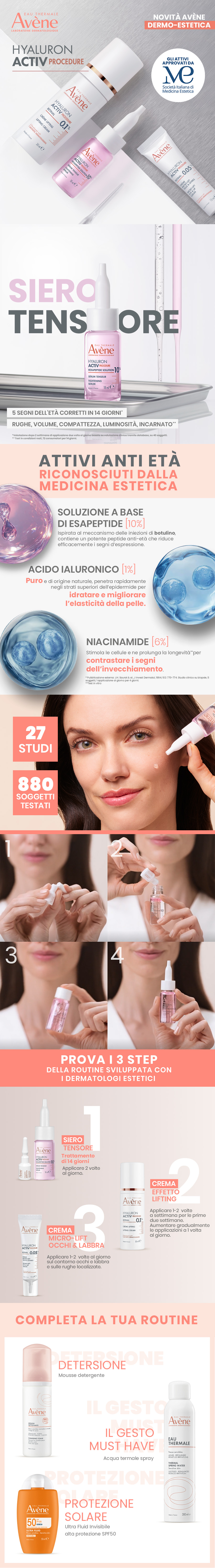 Diversi prodotti e fasi di applicazione. Scritta: Eau Thermale Avène, HYALURON ACTIV PROCEDURE, Siero Tensore.