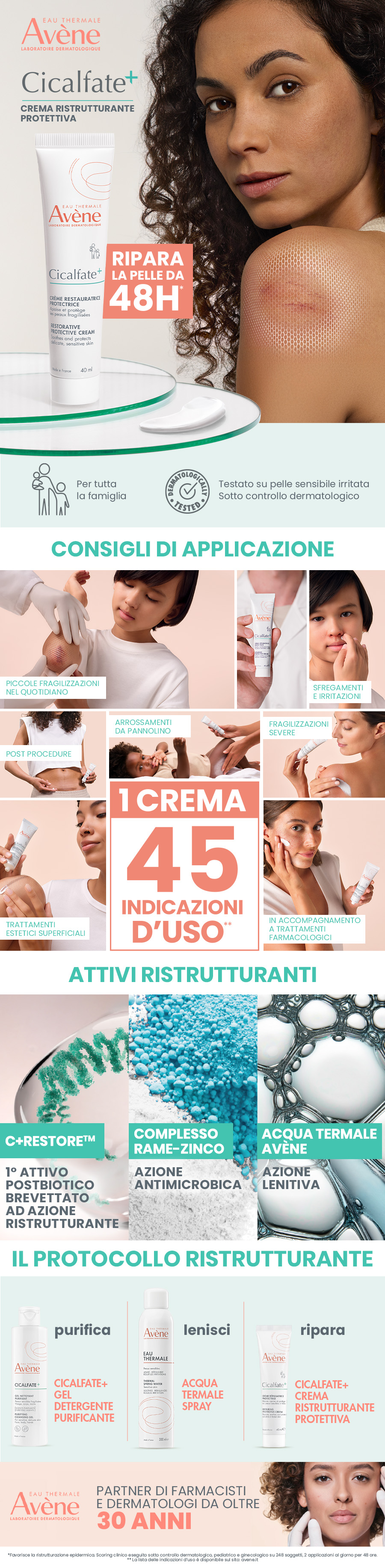 Foto pubblicitaria con crema Cicalfate+. Donna con eruzione cutanea, immagine del prodotto, testo.
