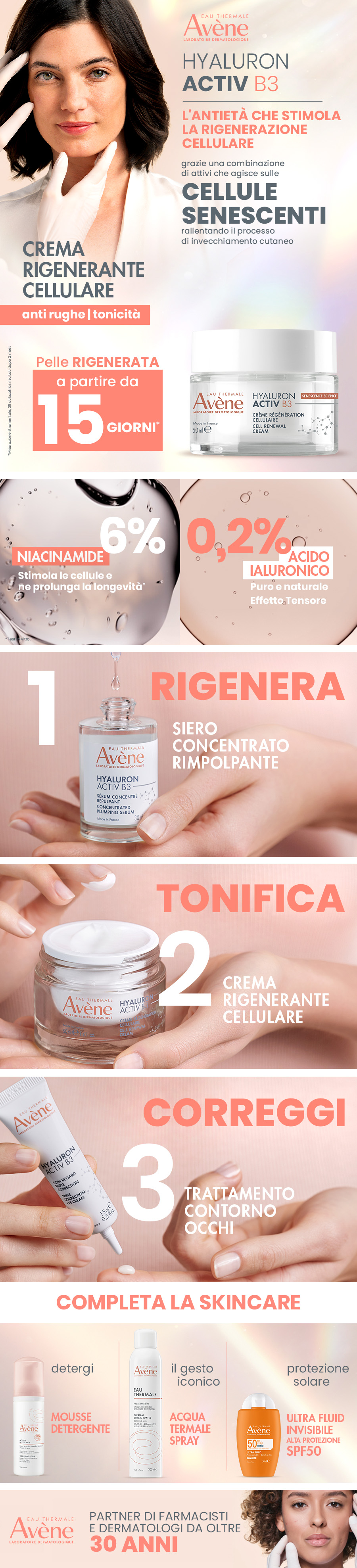 Collage con prodotti e informazioni su Eau Thermale Avène Hyaluron Activ B3.
